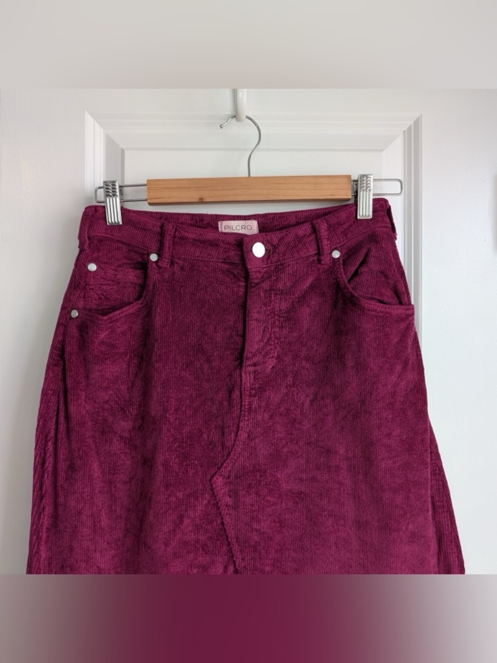 Anthropologie Pilcro The Madi Front Slit Corduroy Skirt Dark Fuschia Size 2 - Picture 3 of 10